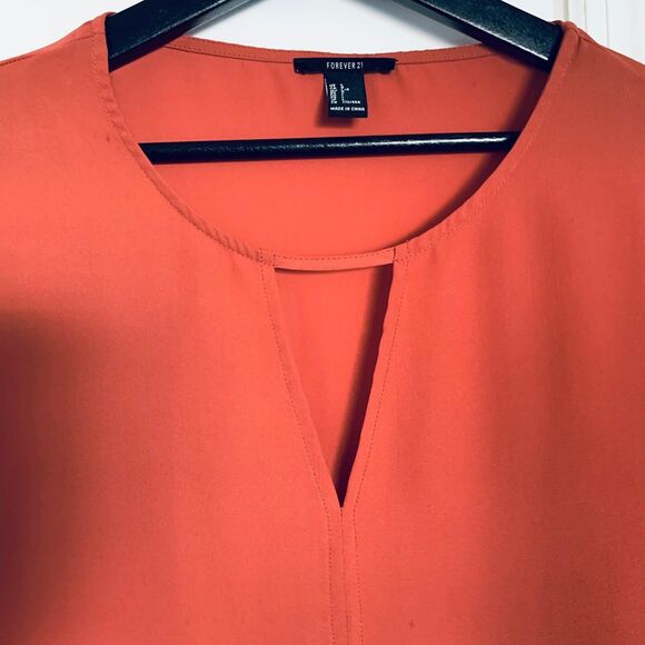 Forever 21 Rust Red Long Sleeve Silk Blouse with Front Keyhole Detail | Size: L - Picture 2 of 4